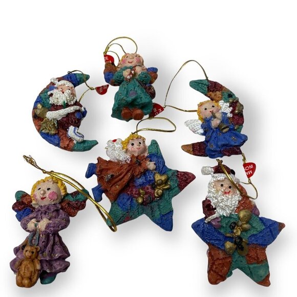 Santas and Angels on Stars and Moons Christmas Ornaments 6 Pieces 2.5" - Picture 1 of 10